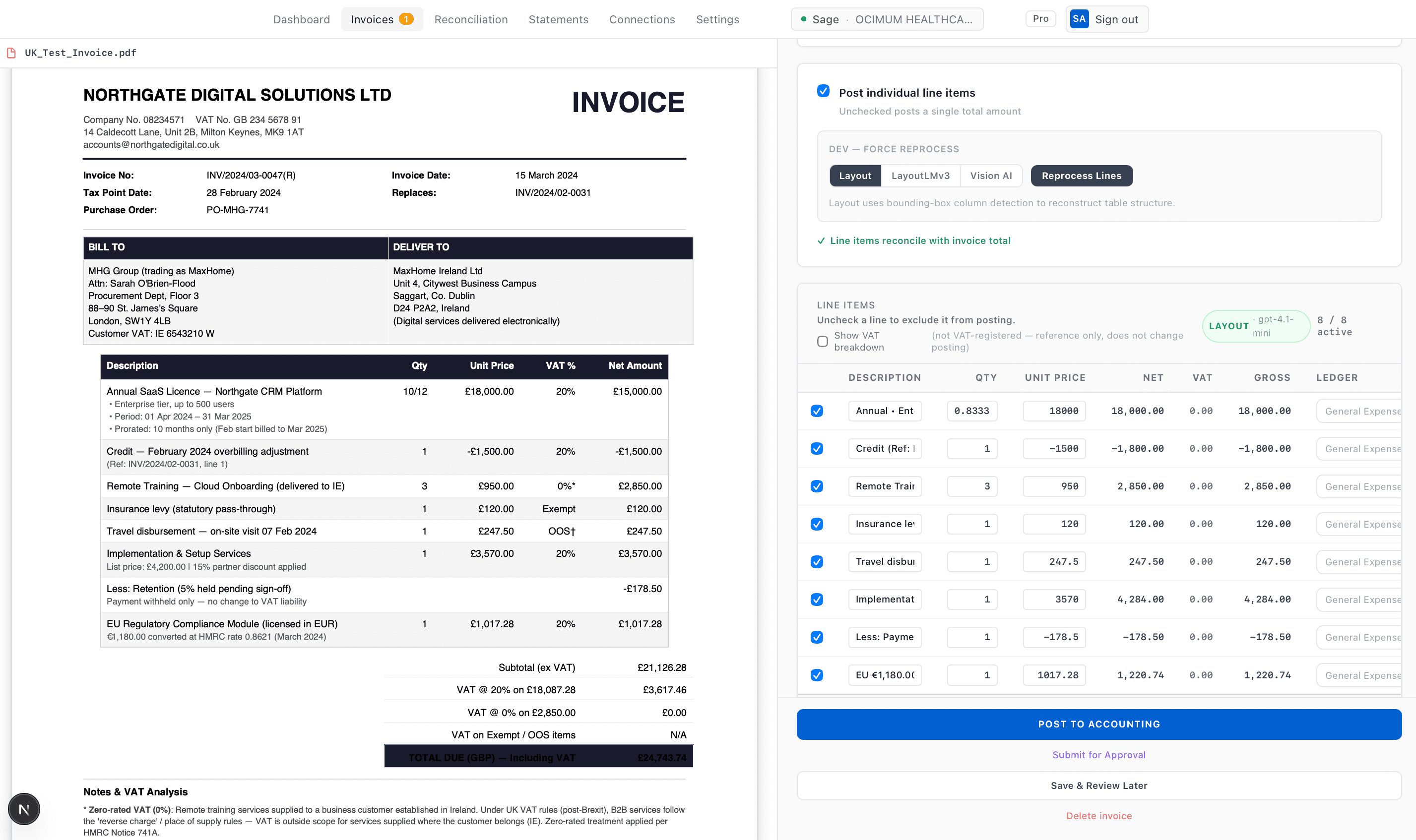 LinesFlow invoice review workspace showing an invoice alongside its extracted supplier, date, totals and line items before posting